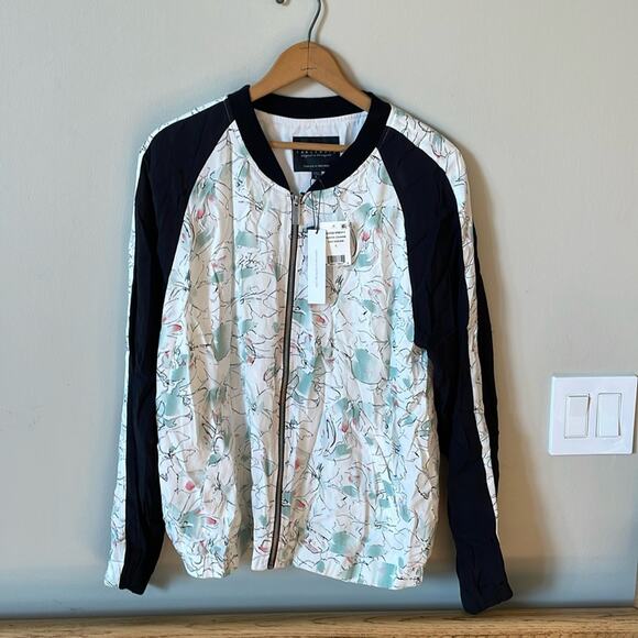 SANCTUARY NWT White Floral & Black Arm Stripe Lightweight Bomber Jacket Size L - Picture 1 of 6